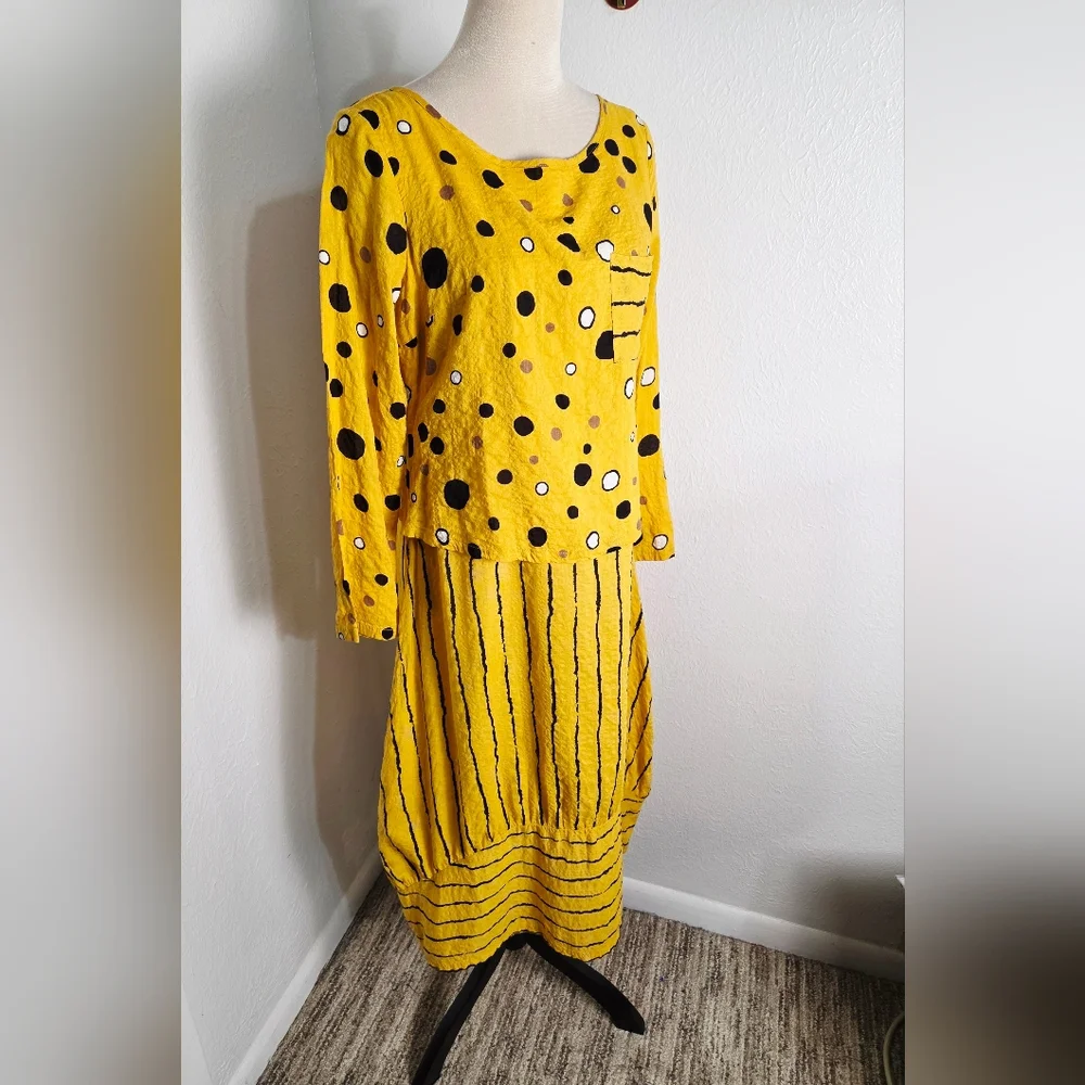 Yellow Long Sleeve Polka Dot & Stripe Midi Dress (fits like M)